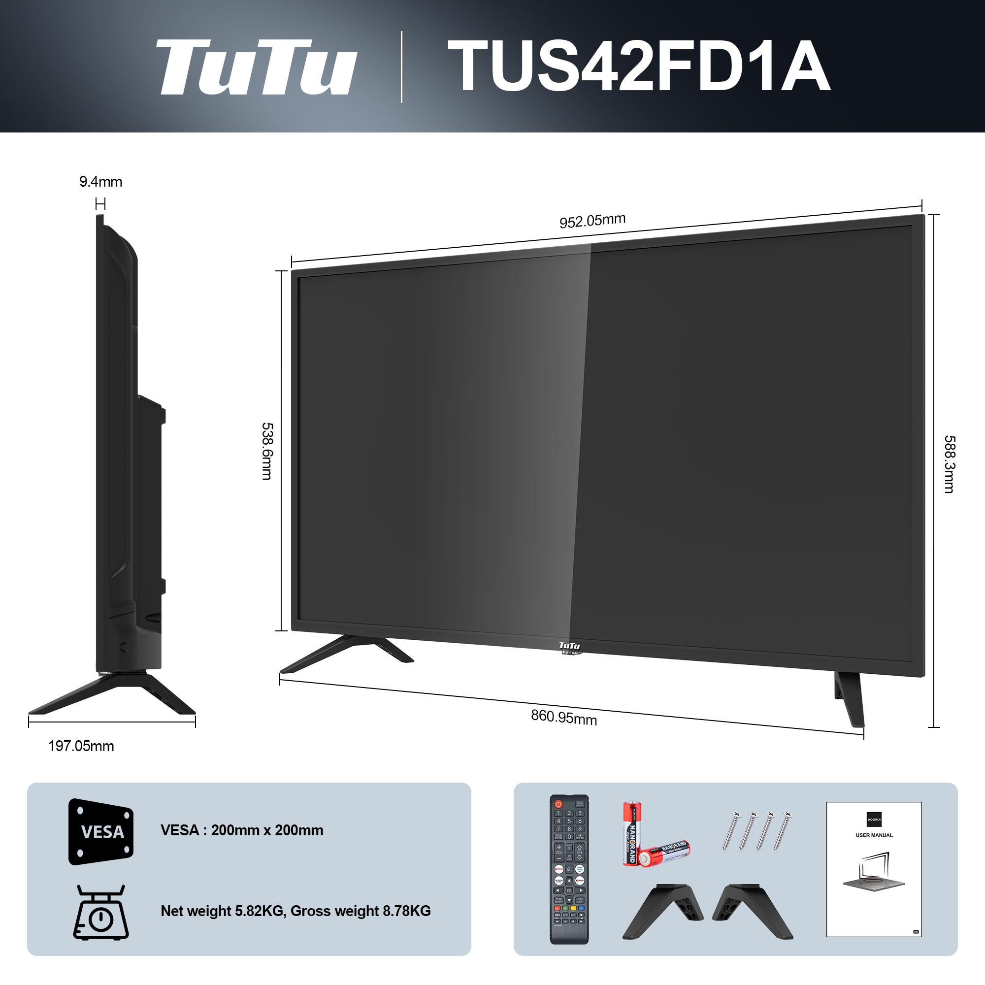 A modern black television with stand and accessories, dimensions are shown.