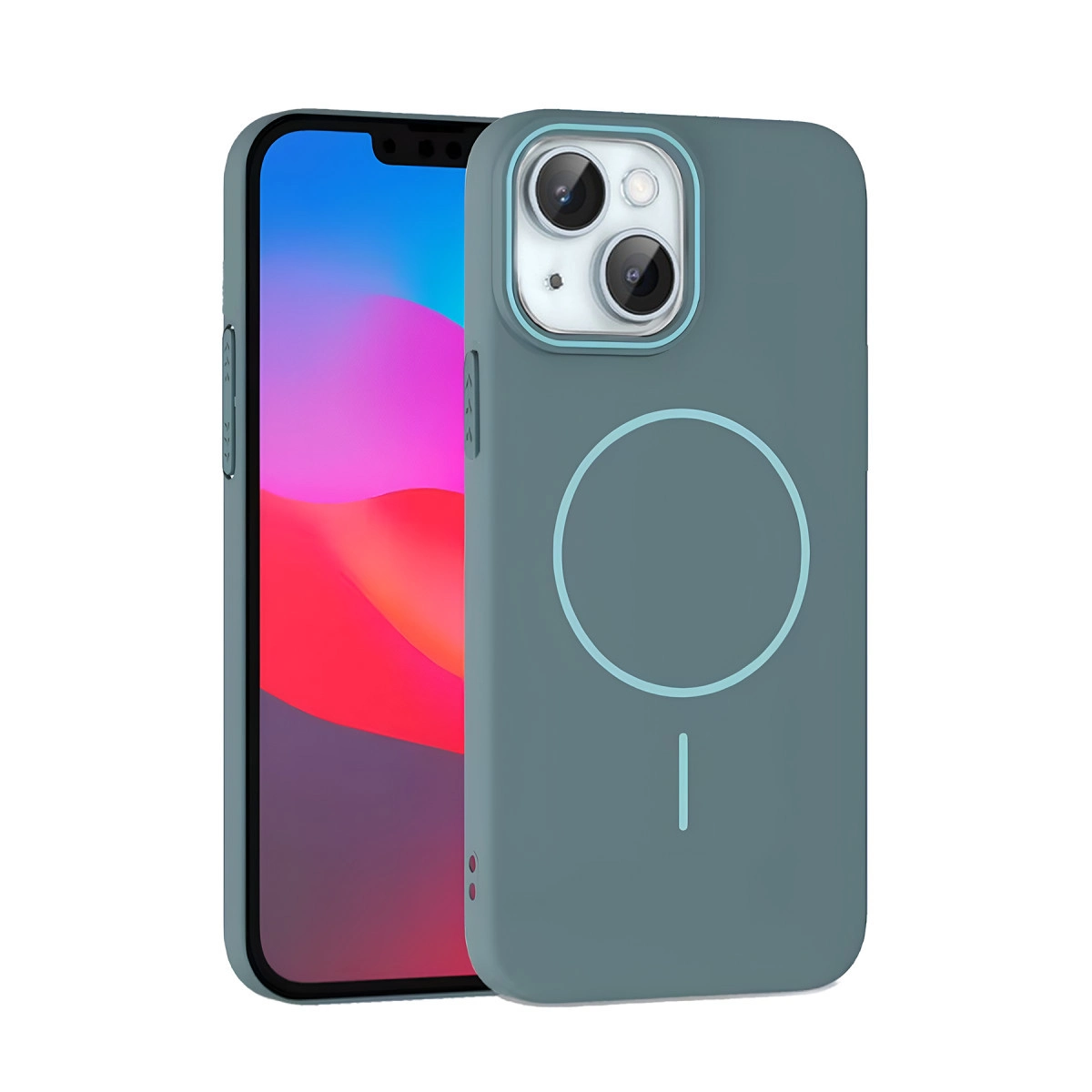 İki kameralı, gri yeşil renkli bir telefon ve kılıfı.