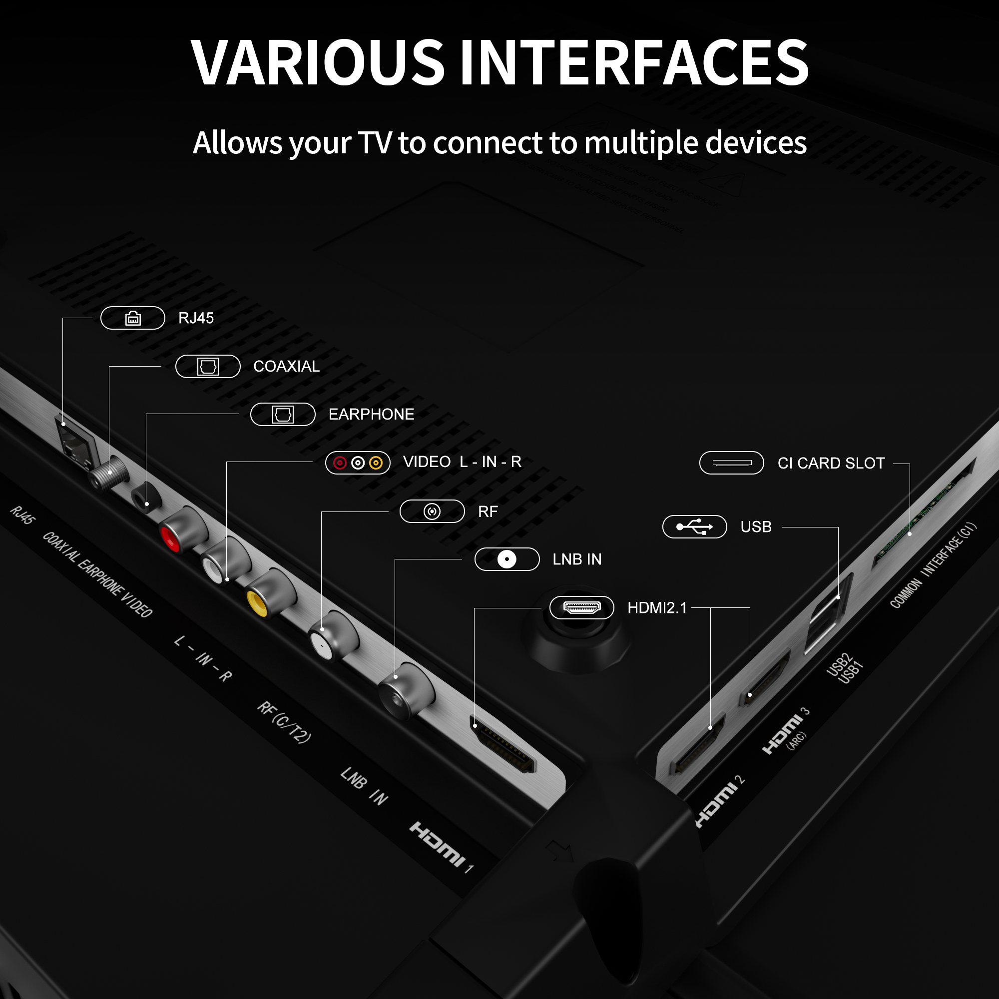 Back of a TV showing various ports: HDMI, USB, RJ45, Coaxial, Earphone, Video, RF, LNB.