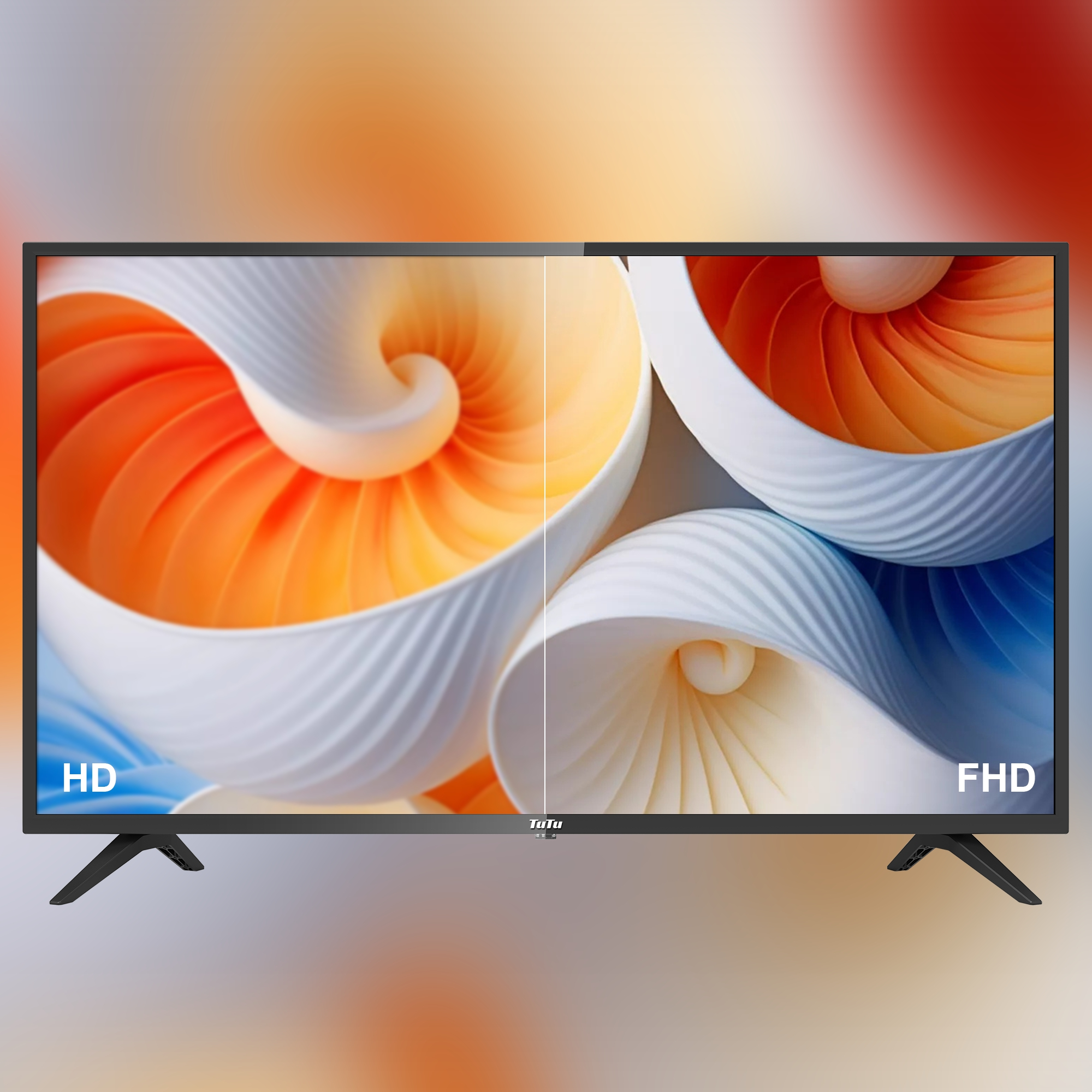 A TV with a split display: HD on the left, FHD on the right, showing abstract patterns.