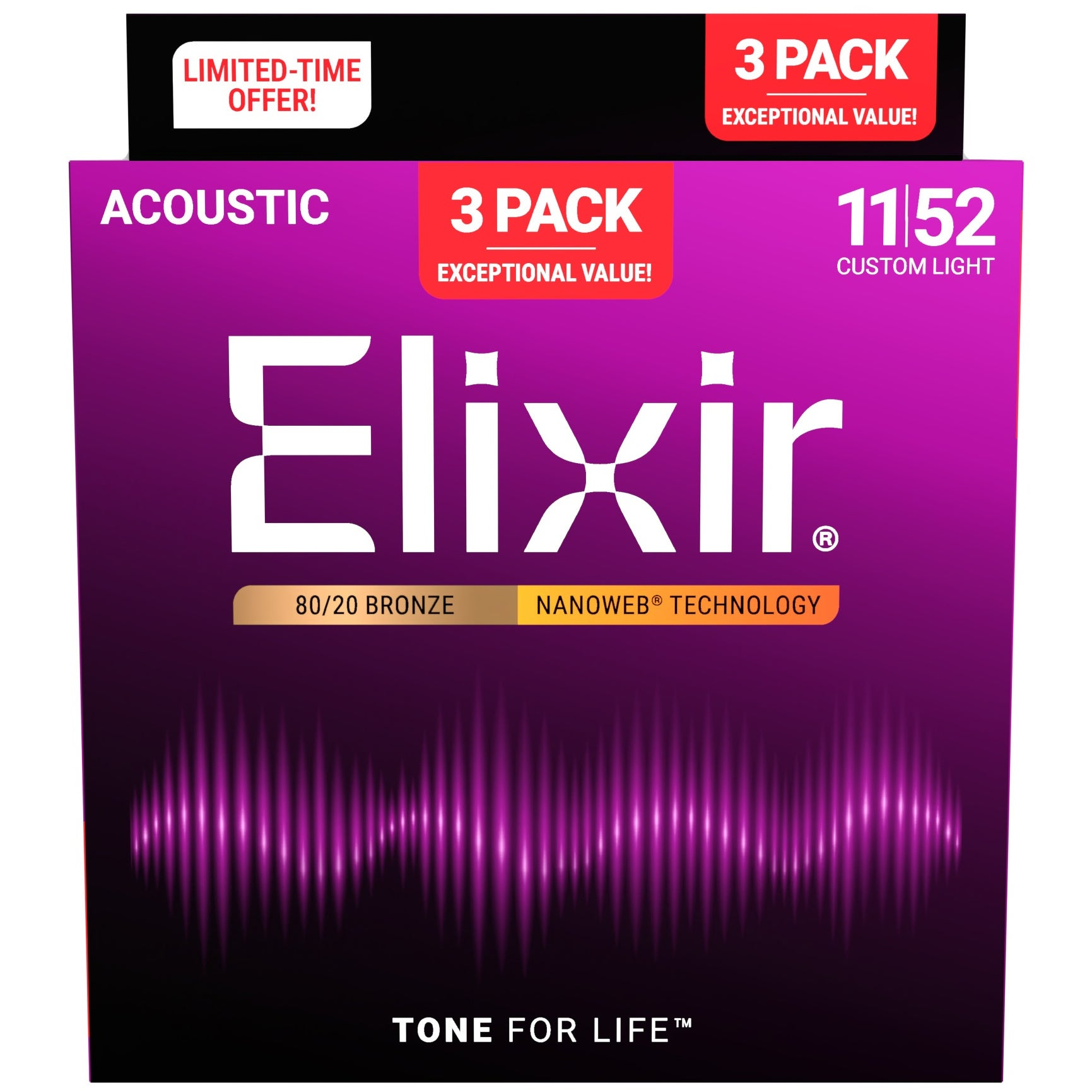 Elixir Akustik Gitar Telleri, 3'lü Paket, 80/20 Bronz, Custom Light