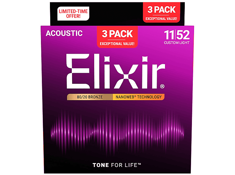 ELIXIR 3'lü Paket 80/20 Bronz Nanoweb Akustik Gitar Teli Fiyat