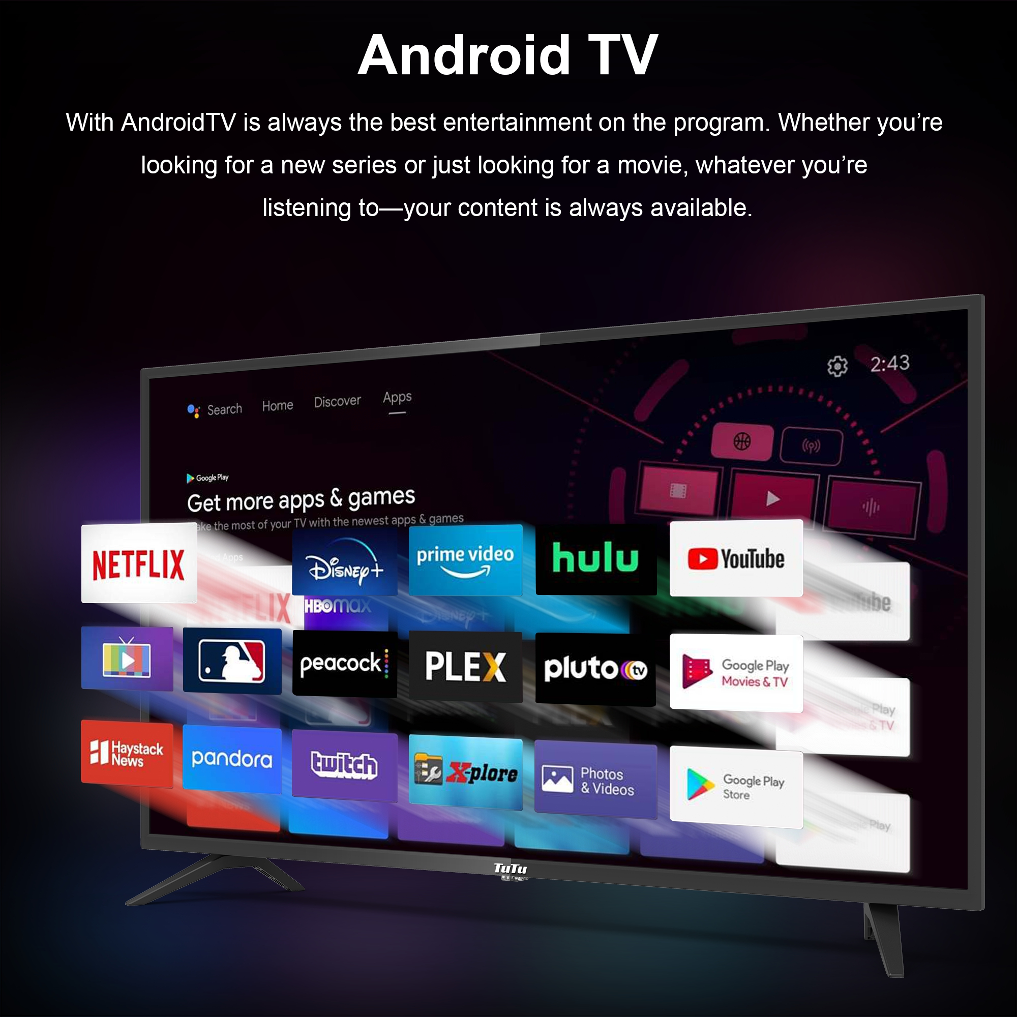An Android TV screen displays app icons like Netflix, Prime Video, Hulu, and YouTube.