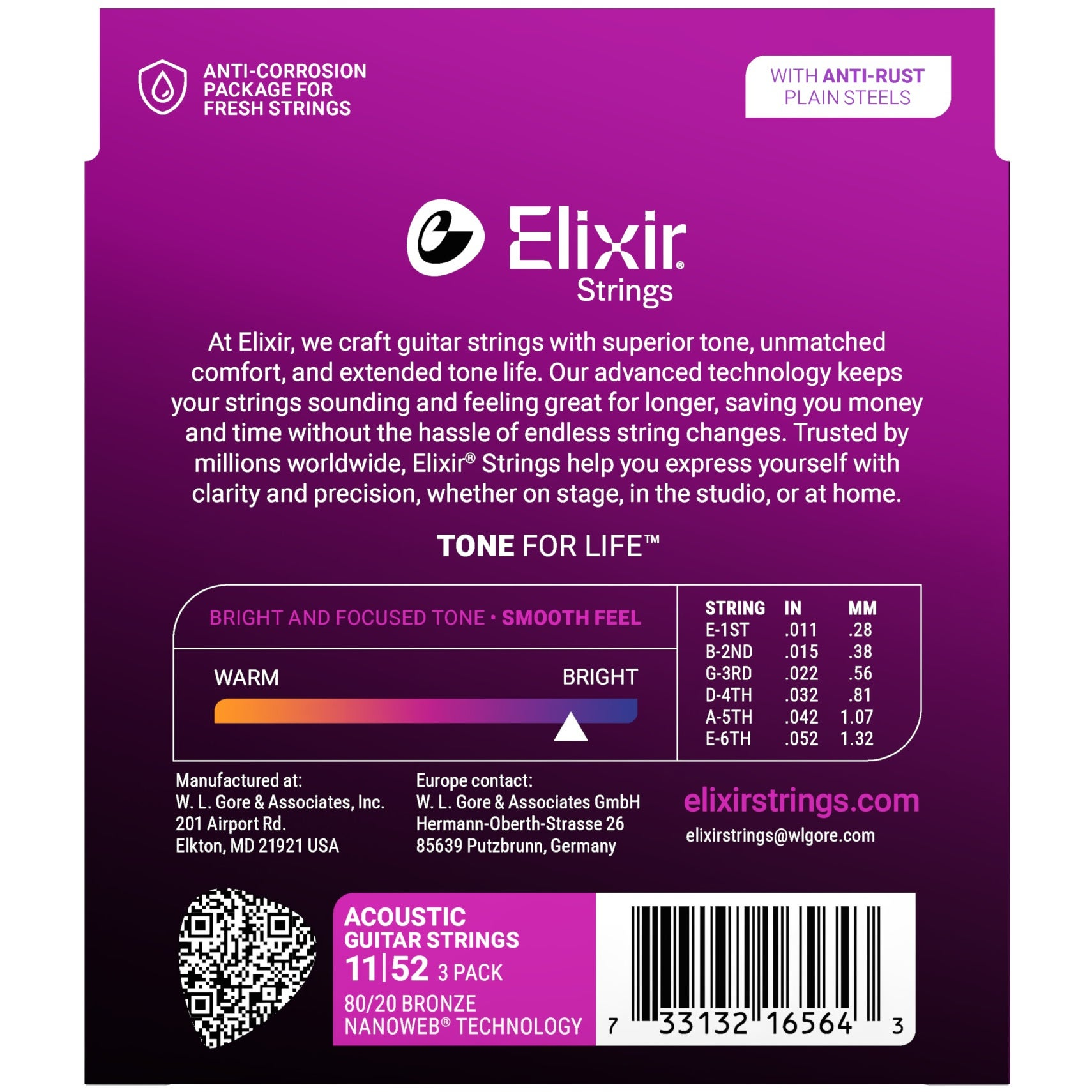 Elixir gitar teli paketi, ton ve boyut tablosu ve QR kodu içerir.