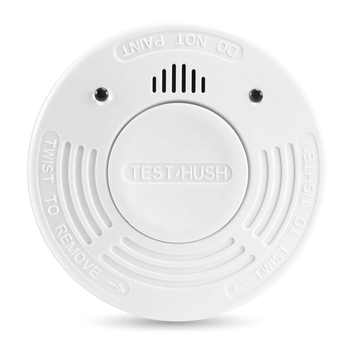 Un détecteur de fumée blanc avec "TEST/HUSH" au centre.