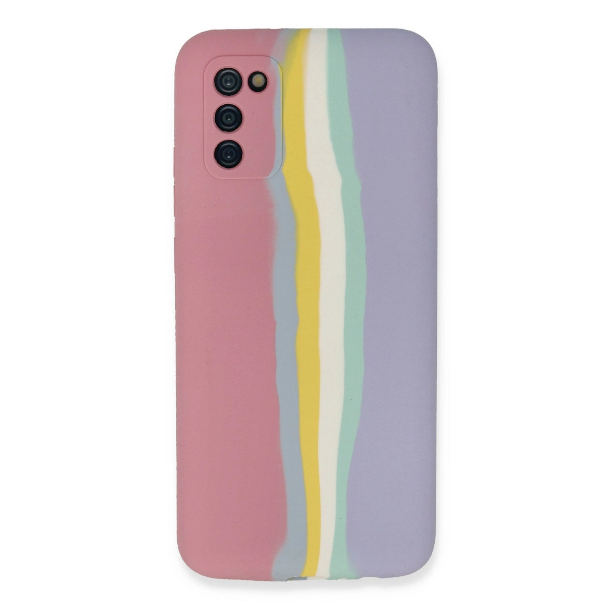Pembe, gri, sarı, beyaz, nane ve mor dikey çizgili telefon kılıfı.