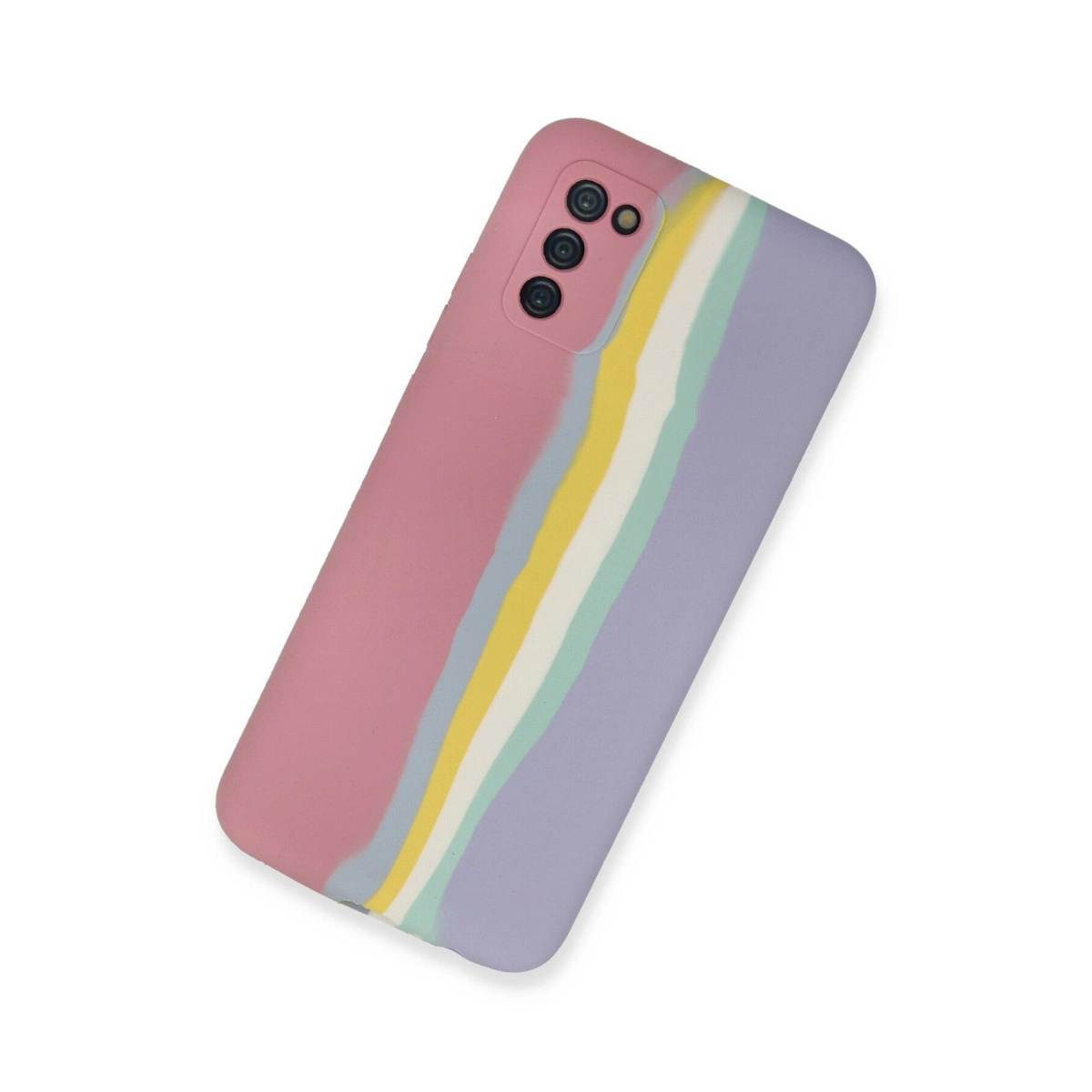 Pembe, sarı, beyaz ve lavanta çizgili telefon kılıfı.