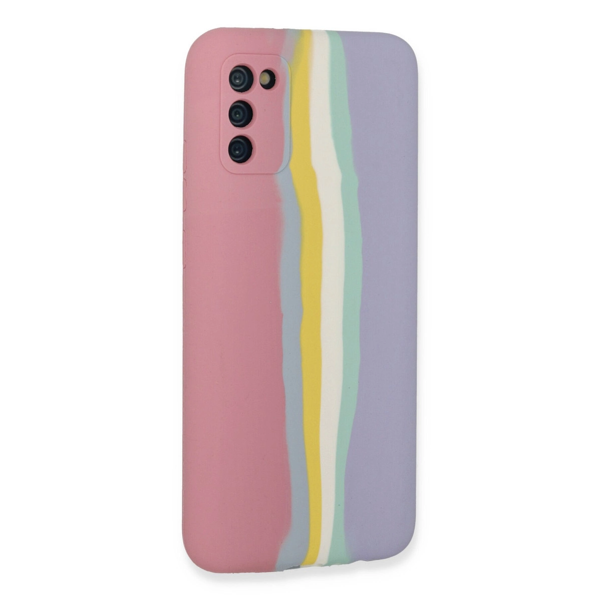 Pembe, sarı, beyaz, yeşil ve mor dikey çizgili renkli telefon kılıfı.