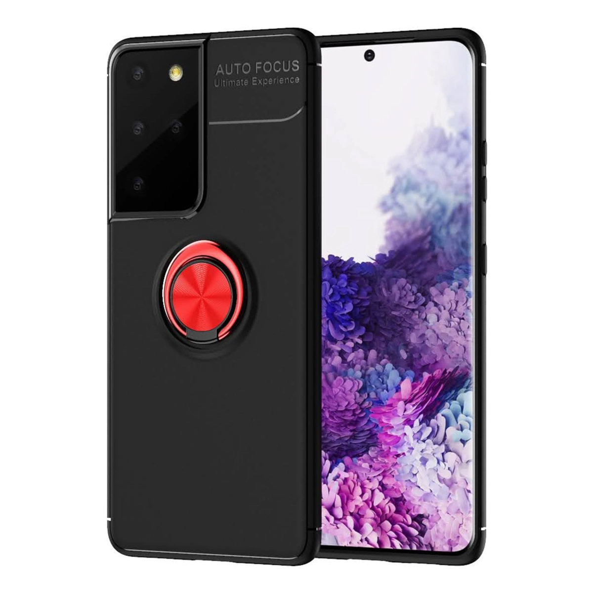 Kırmızı halka tutuculu ve kare kameralı siyah telefon kılıfı. Mor arka plan.