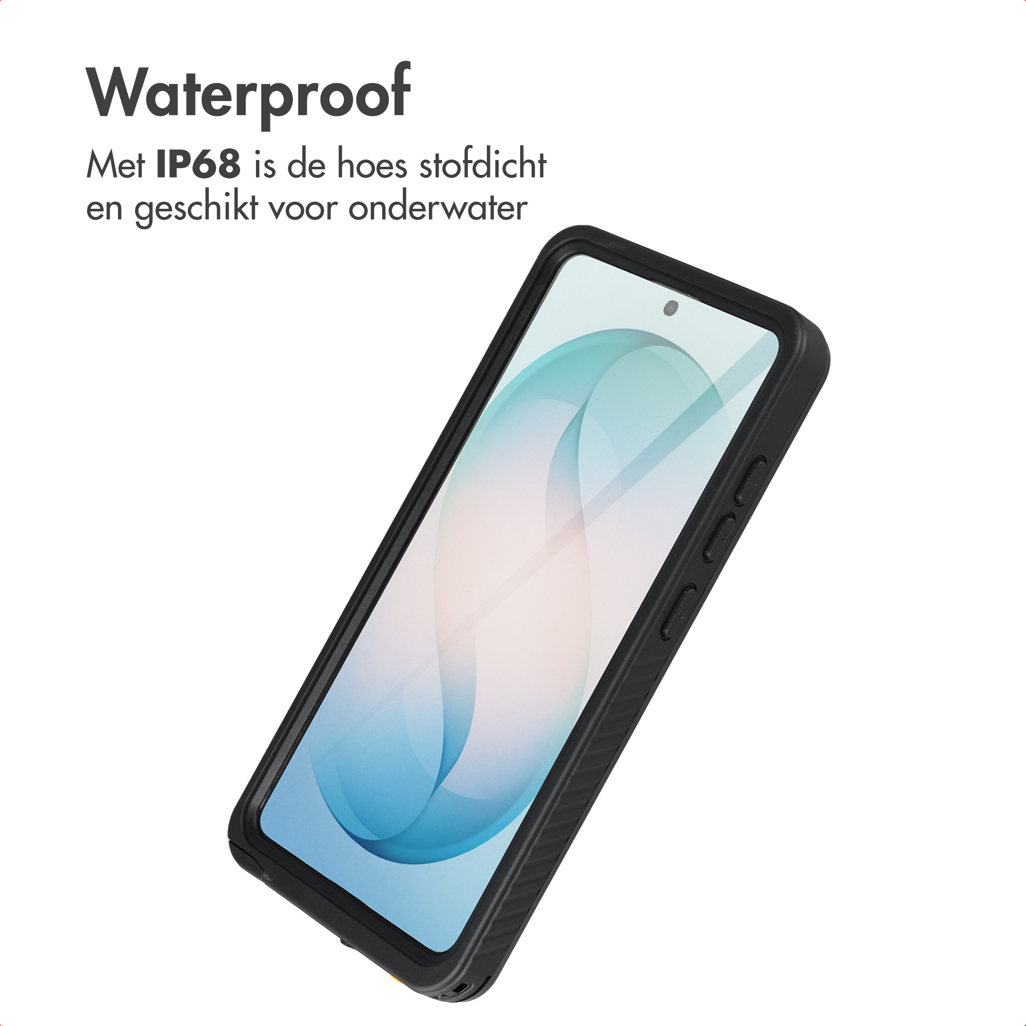 Waterdichte zwarte telefoonhoes met IP68-certificering op witte achtergrond.