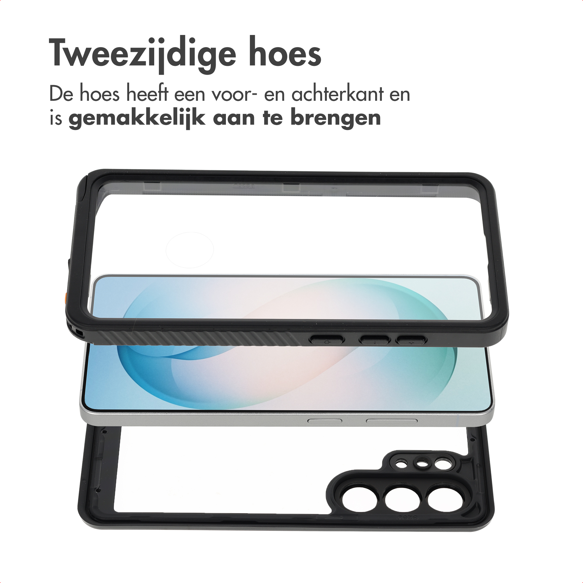 Tweeledige telefoonhoes met transparant voorstuk en zwart frame.