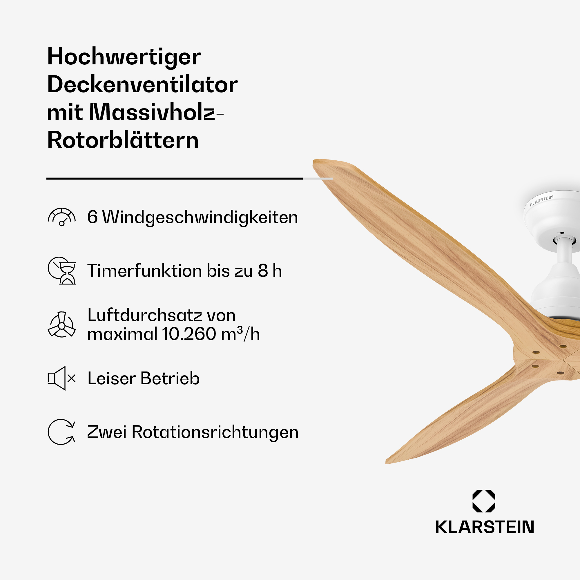 Ventilatore da soffitto di alta qualità con pale in legno, 6 velocità, timer e funzionamento silenzioso.