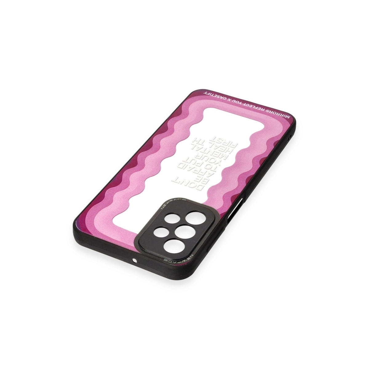 Dalga desenli pembe telefon kılıfı ve 'Akıl sağlığınızı öncelemeye korkmayın' yazısı.