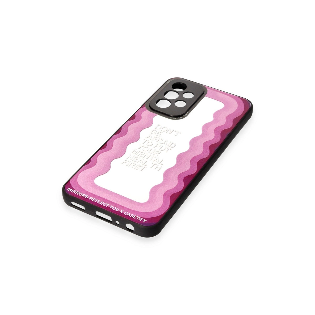 Pembe bir telefon kılıfı üzerinde 'Ruh sağlığınızı önceliklendirmekten korkmayın' yazısı.