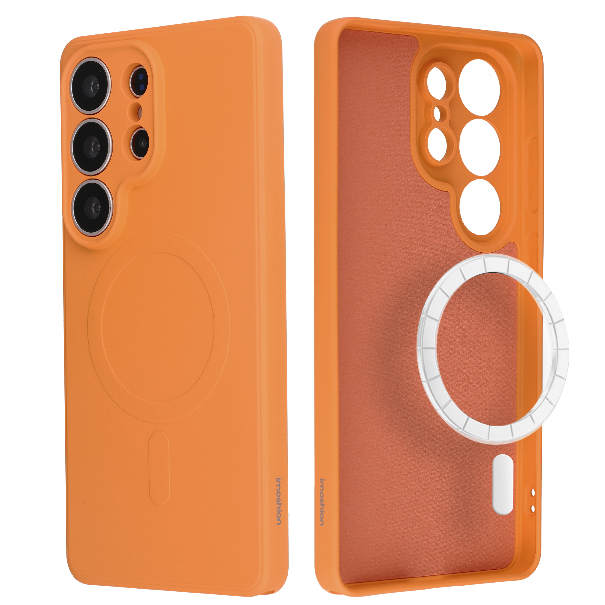 Oranje telefoonhoesje met camera-uitsparingen en magneetring.