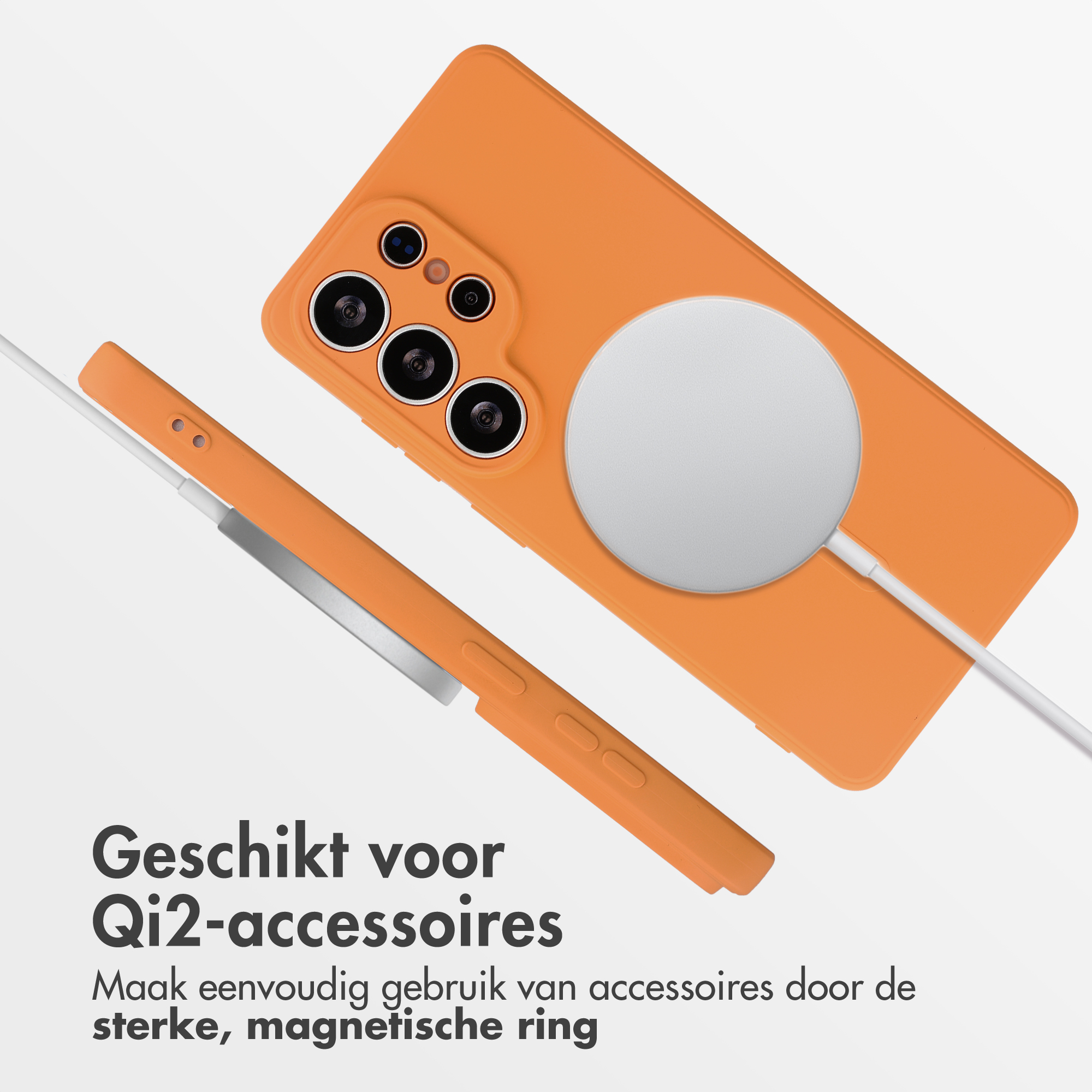 Oranje hoesje voor Qi2 accessoires met magnetische ring en kabel.