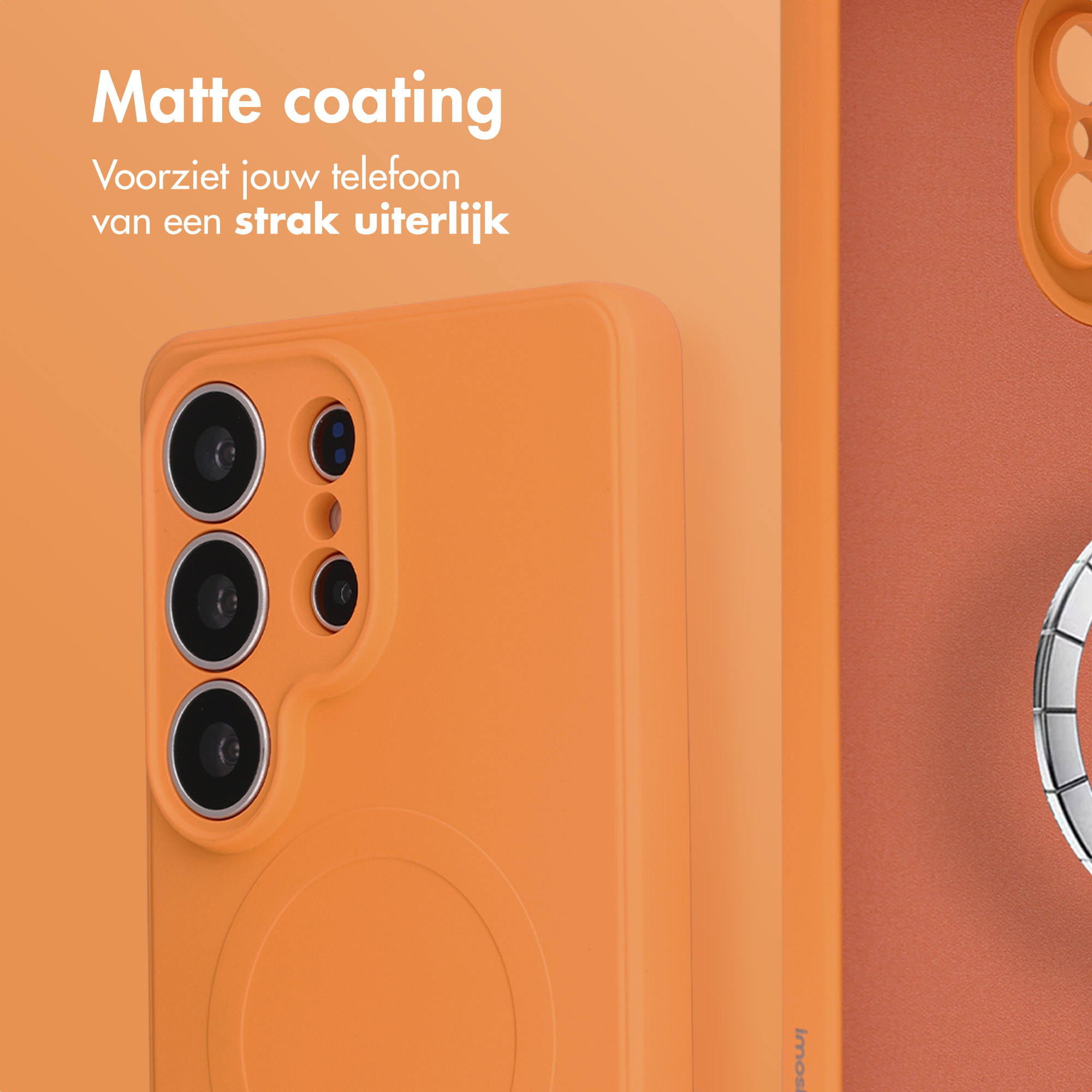 Oranje telefoonhoes met camera-uitsparing en tekst 'Matte coating'.