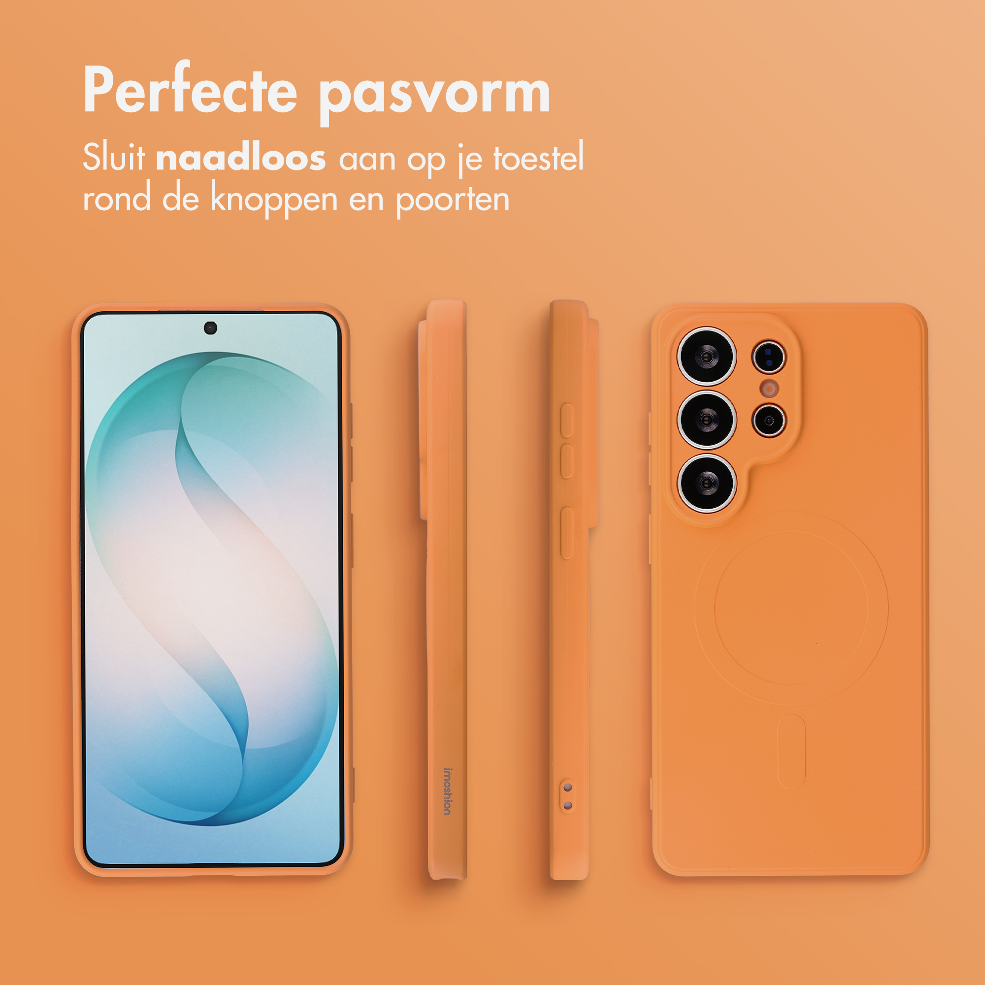 Een oranje smartphone met hoesje. Toont voor-, zij- en achterkant.