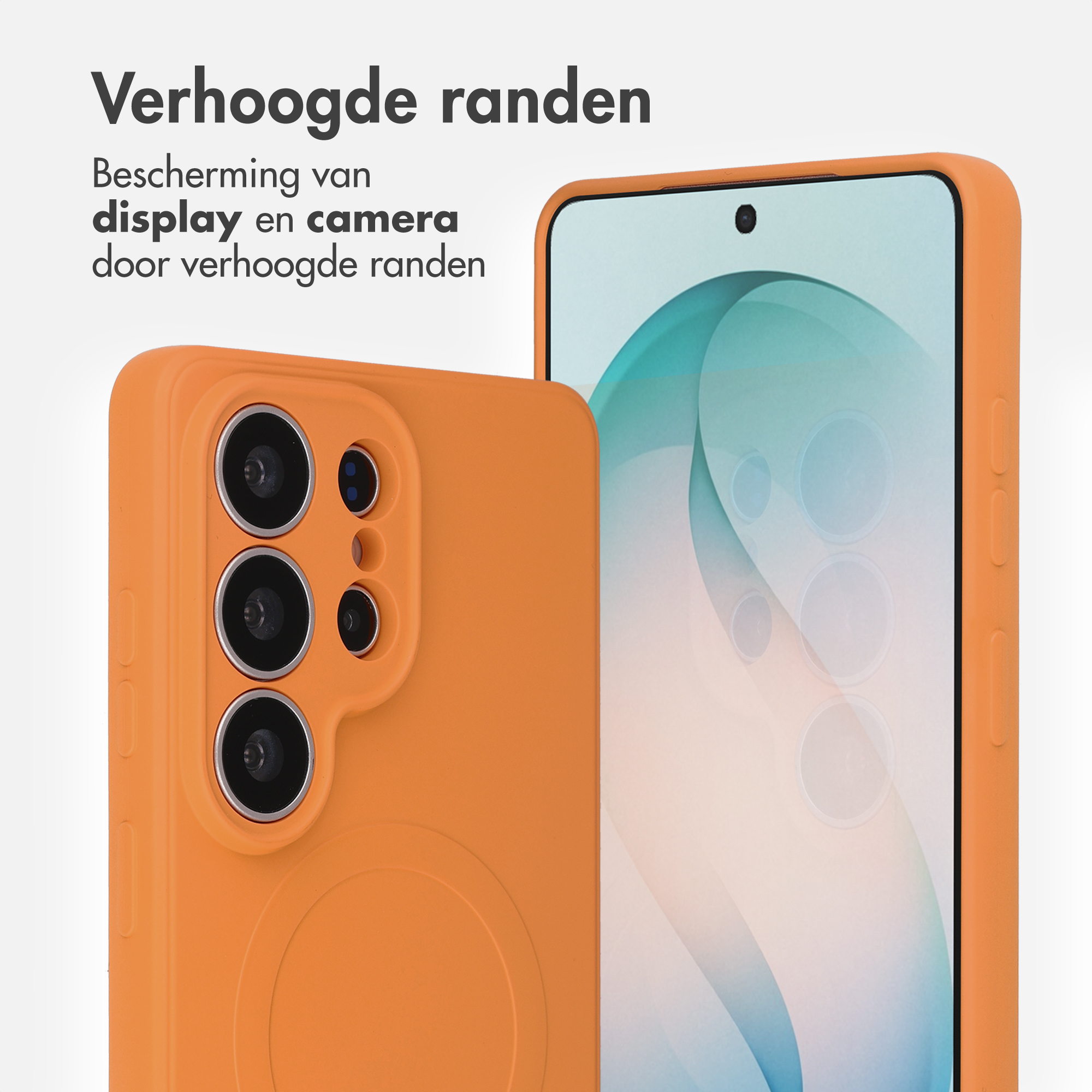 Oranje telefoonhoes met verhoogde randen toont een camerabalk en een display.