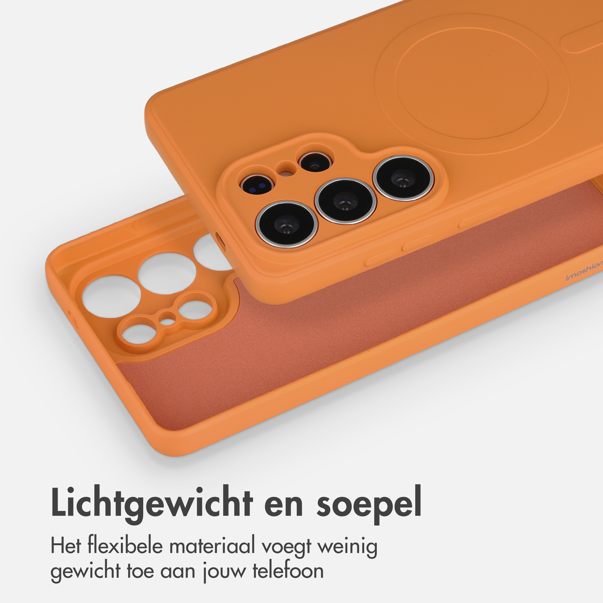 Oranje telefoonhoesje met cameralensbescherming en magneetring.