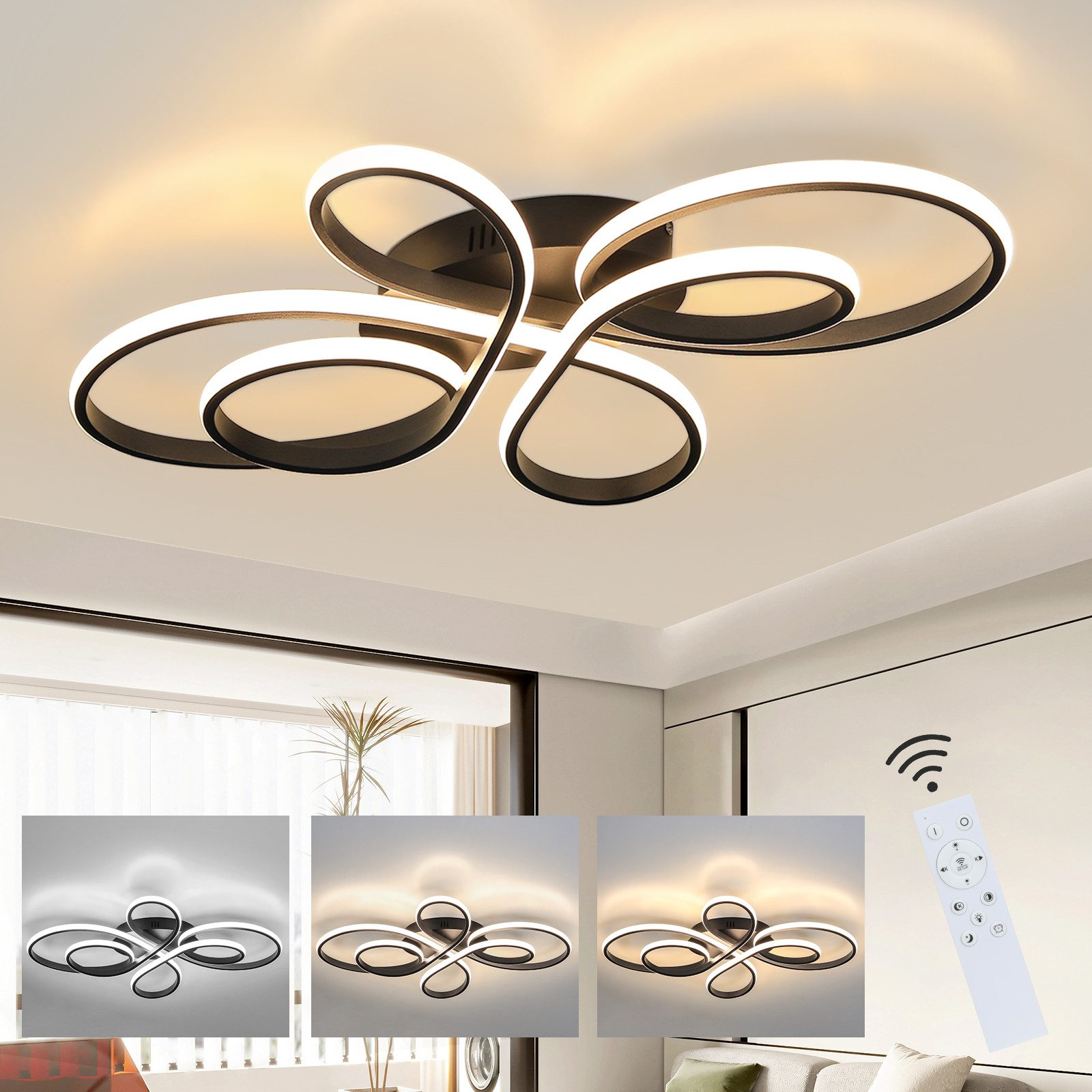 Lámpara de techo negra moderna con cuatro bucles blancos iluminados y giratorios. Mando.