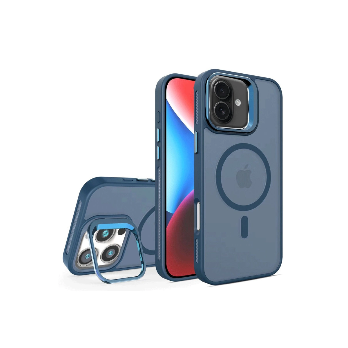 Mıknatıslı halka ve kamera korumalı mavi iPhone kılıfı gösteriliyor.