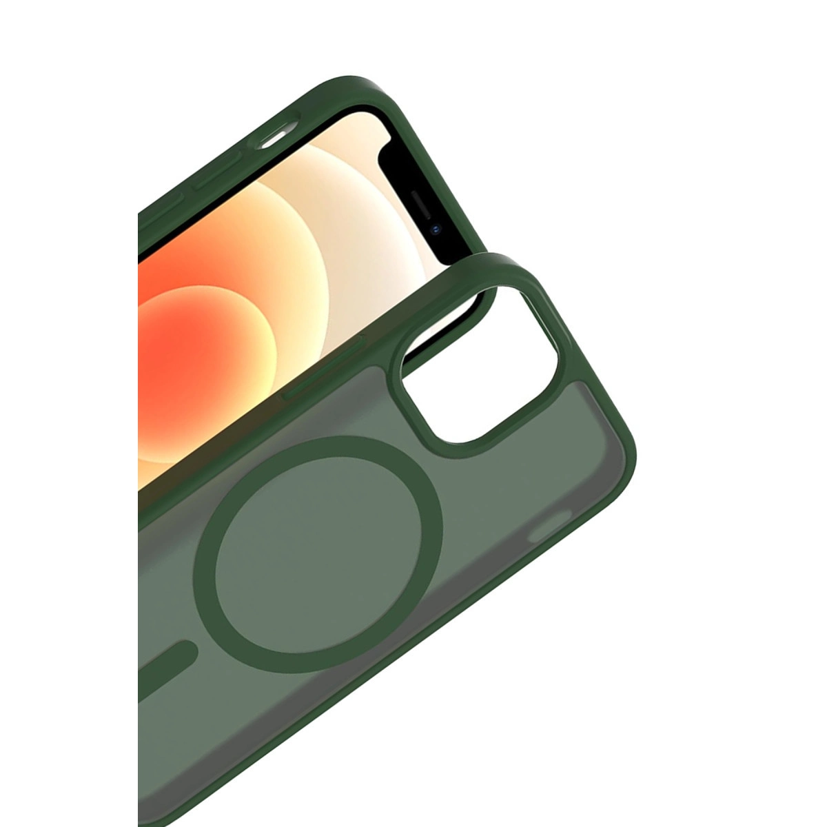 Arkada manyetik halkası olan yeşil telefon kılıfı, bir iPhone'a yerleştirilmiş.