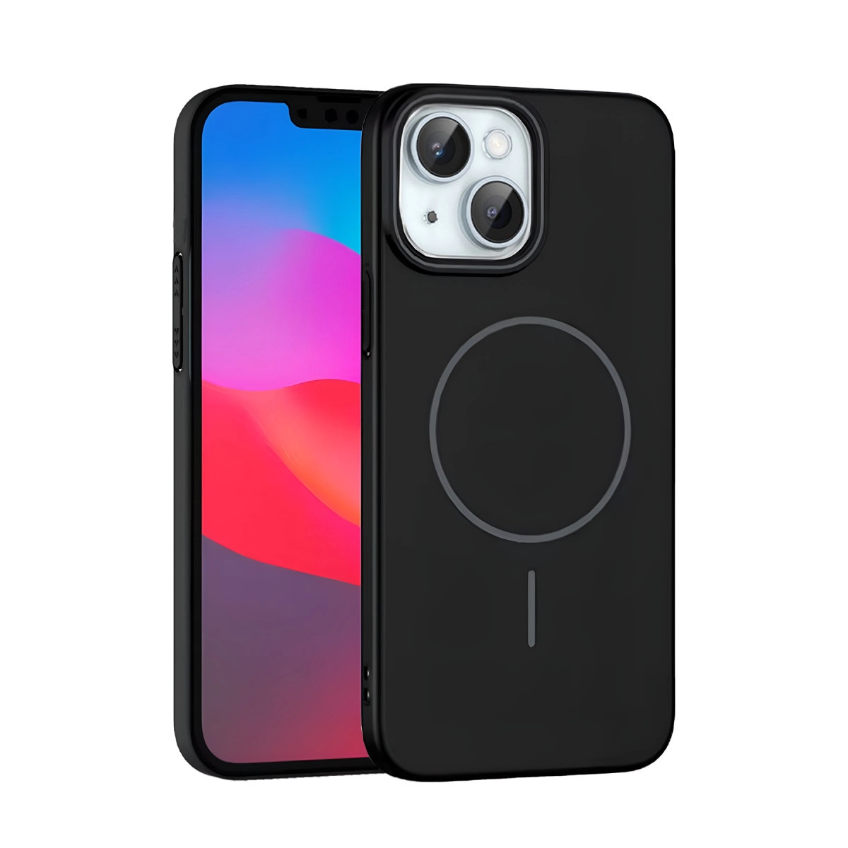 Kılıflı siyah iPhone. Kılıfın dairesel manyetik halkası ve çizgisi vardır.