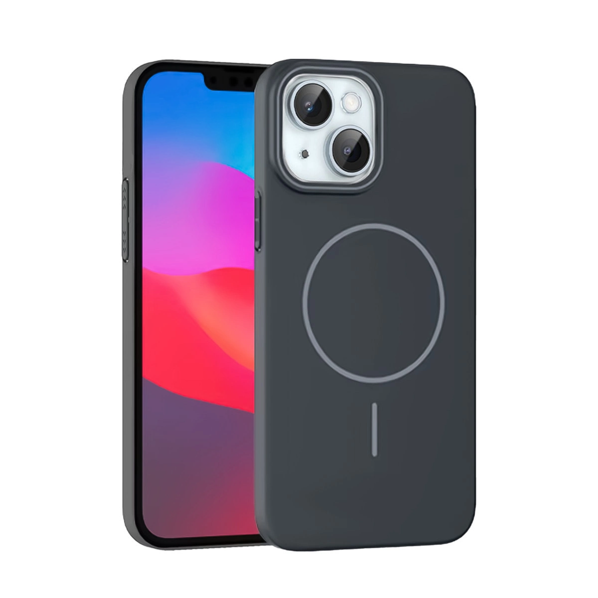 Mıknatıslı halkalı koyu gri telefon kılıfı akıllı telefonda gösteriliyor.