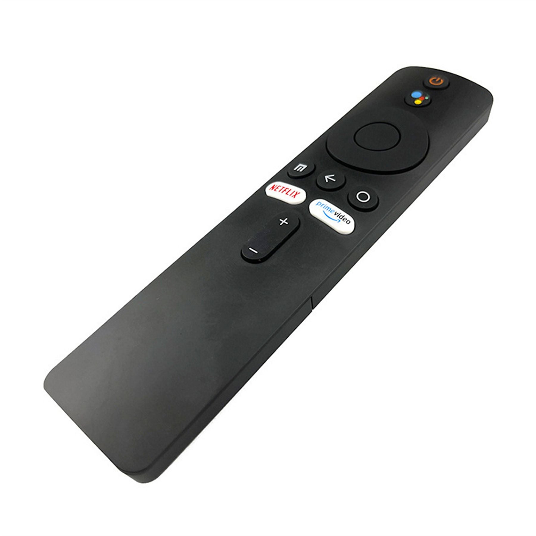 Schwarze Fernbedienung mit Netflix-, Prime Video- und Google Assistant-Tasten.