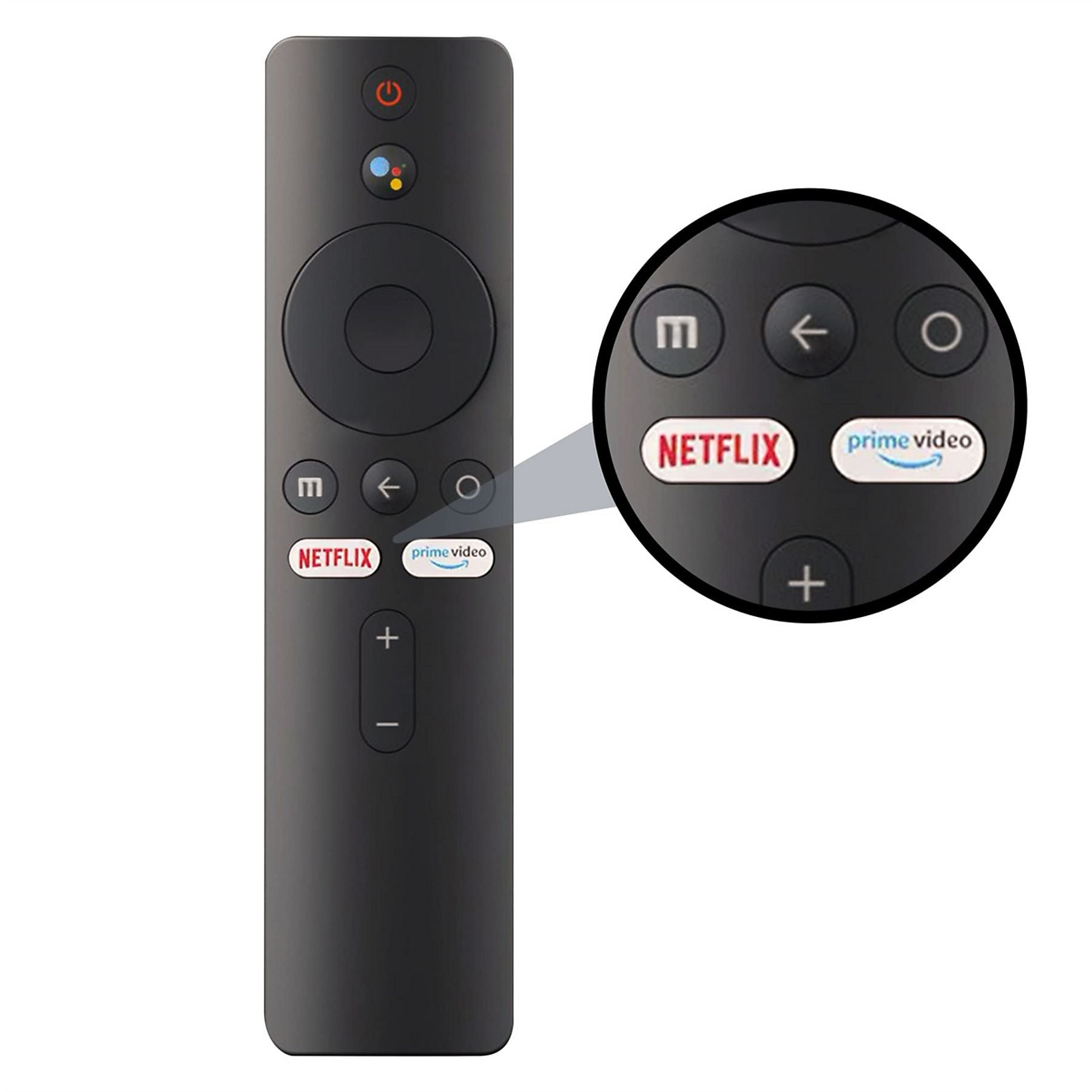 Schwarze Fernbedienung mit Netflix- und Prime Video-Tasten, Google Assistant-Symbol.