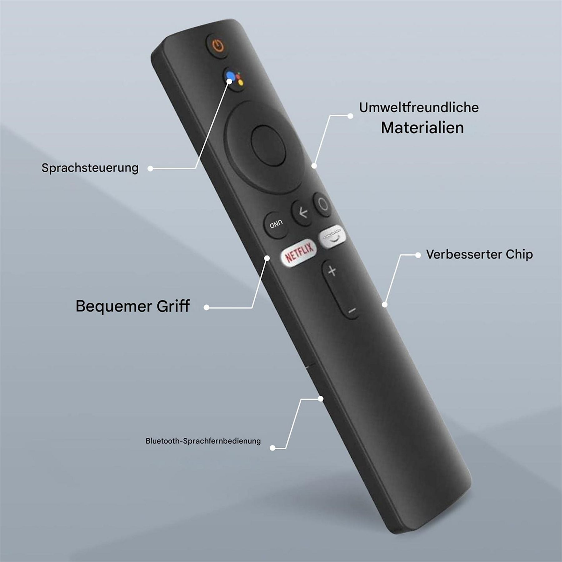 Schwarze Fernbedienung mit Tasten wie Netflix, Lautstärke und Google Assistant.