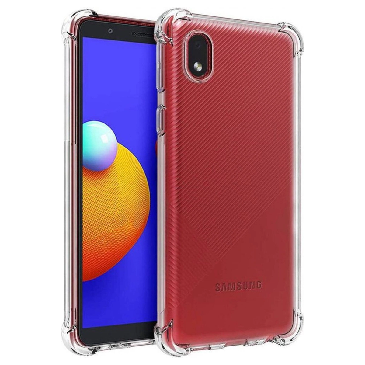 Şeffaf kılıflı kırmızı Samsung akıllı telefon, beyaz yüzeyde duruyor.