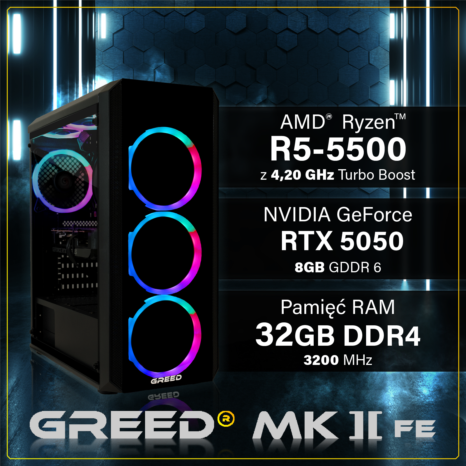 Komputer gamingowy z wentylatorami RGB, pokazujący specyfikacje: AMD Ryzen R5-5500, RTX 5050, 32GB RAM.