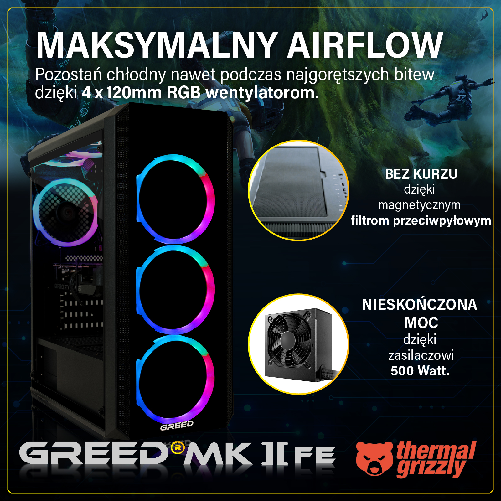 Obudowa PC z wentylatorami RGB, zasilaczem i filtrem przeciwkurzowym.