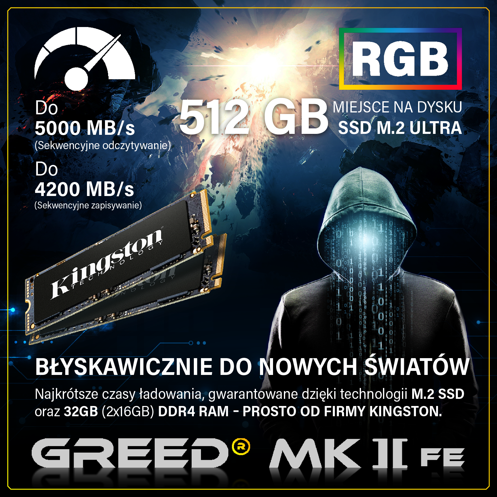 Dysk SSD 512GB, RGB, 5000MB/s odczyt, 4200MB/s zapis, M.2, Kingston.