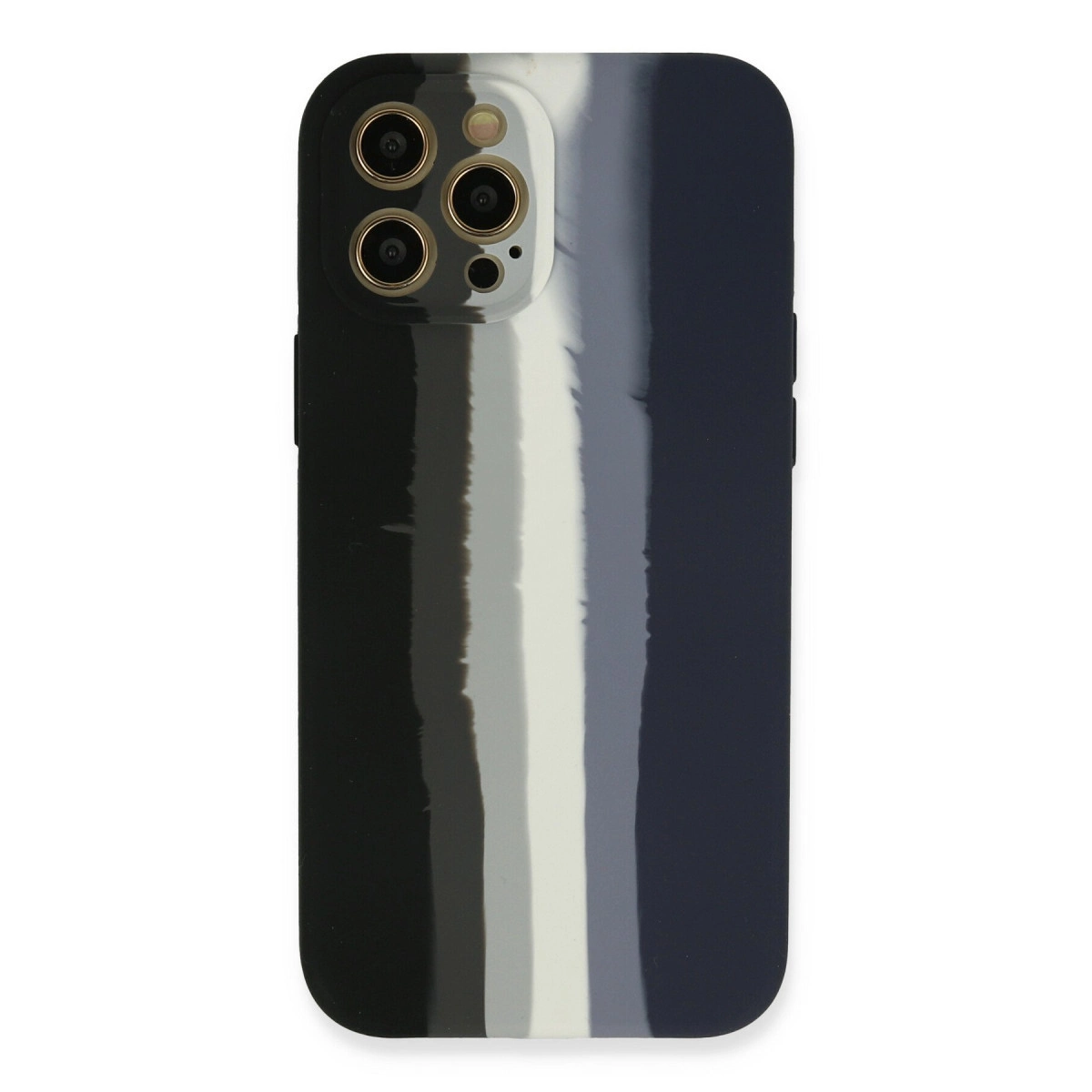 Gri ve beyaz dikey şeritli siyah iPhone kılıfı.