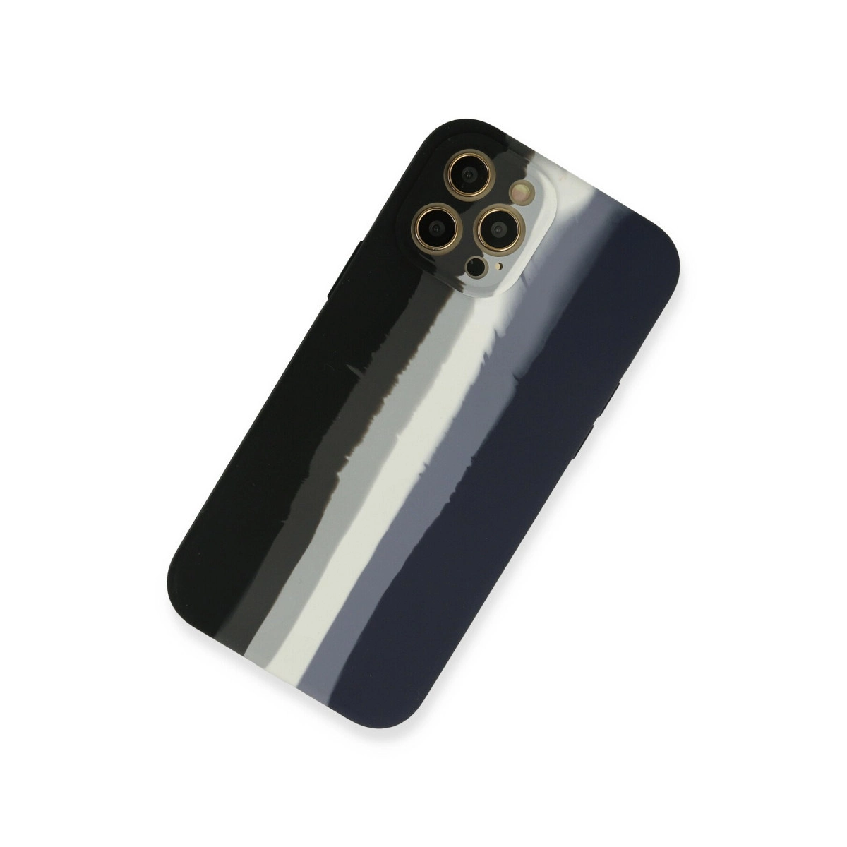 Gri ve beyaz çizgili desene sahip siyah telefon kılıfı.