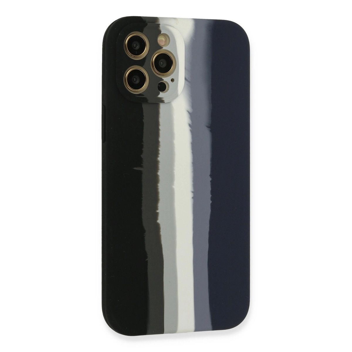 Siyah, beyaz ve gri dikey çizgili telefon kılıfı.