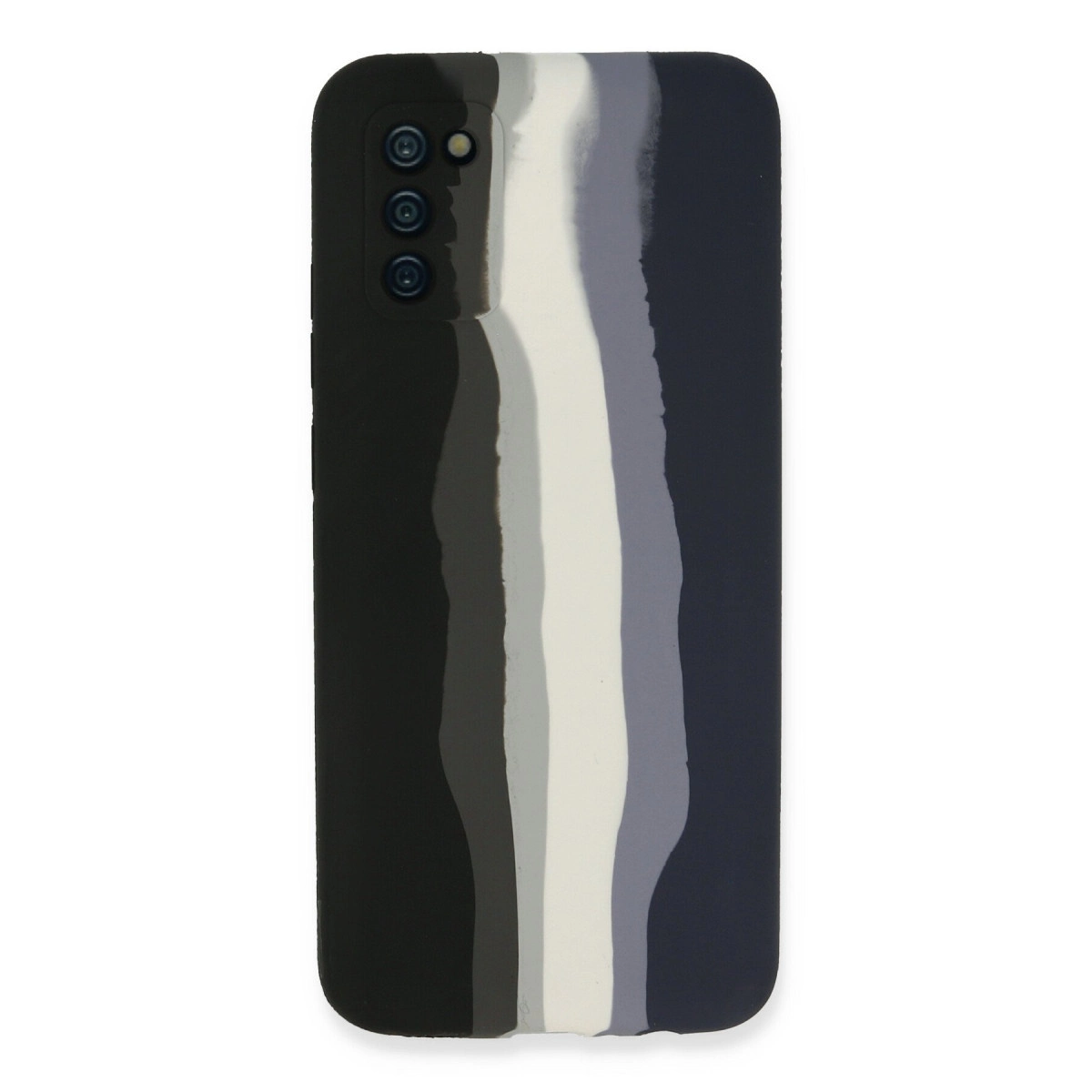 Gri, beyaz ve lacivert tonlarında dikey çizgili siyah telefon kılıfı.