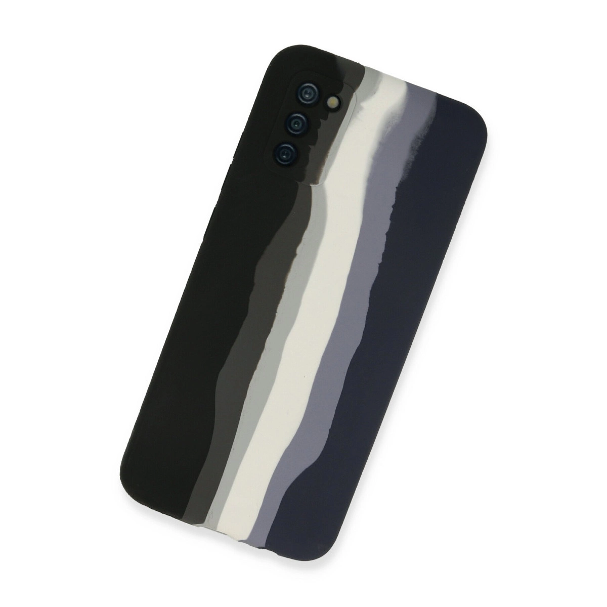 Gri, beyaz ve lacivert tonlarında çizgili siyah telefon kılıfı.