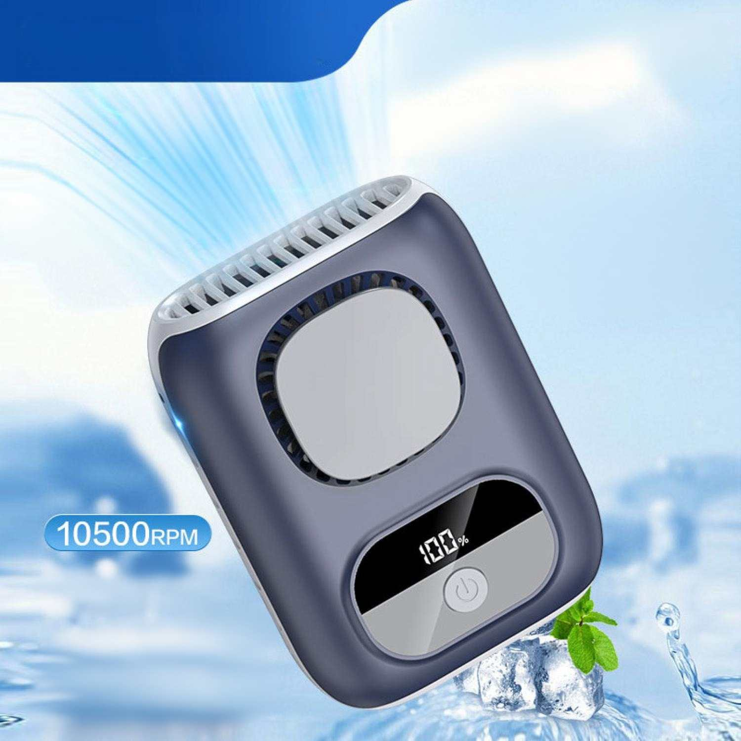 Grauer Nackenventilator mit 10500 U/min und 100% Anzeige, umgeben von Eis und Wasser.