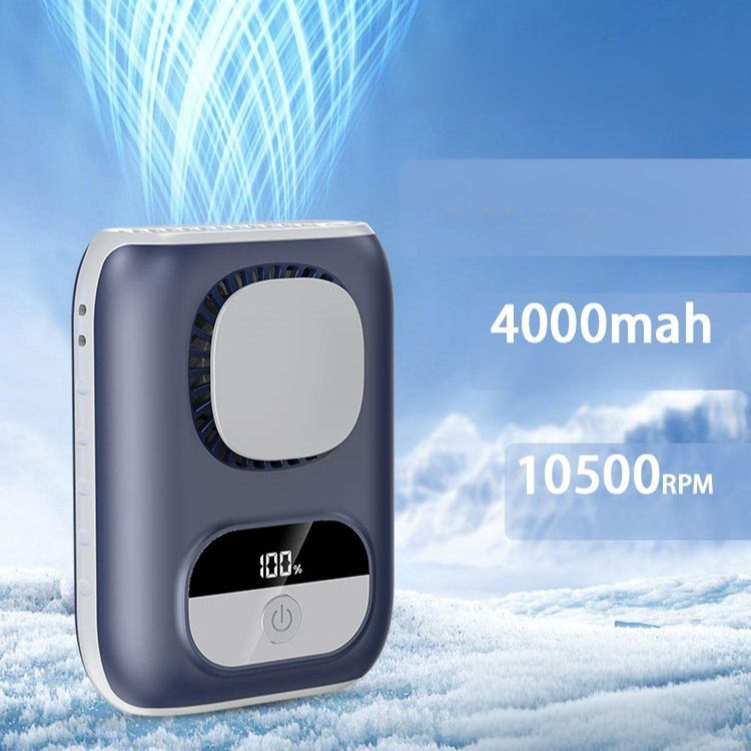 Ein tragbarer Lüfter mit 4000mAh Akku und 10500 U/min. Zeigt 100% Ladung.