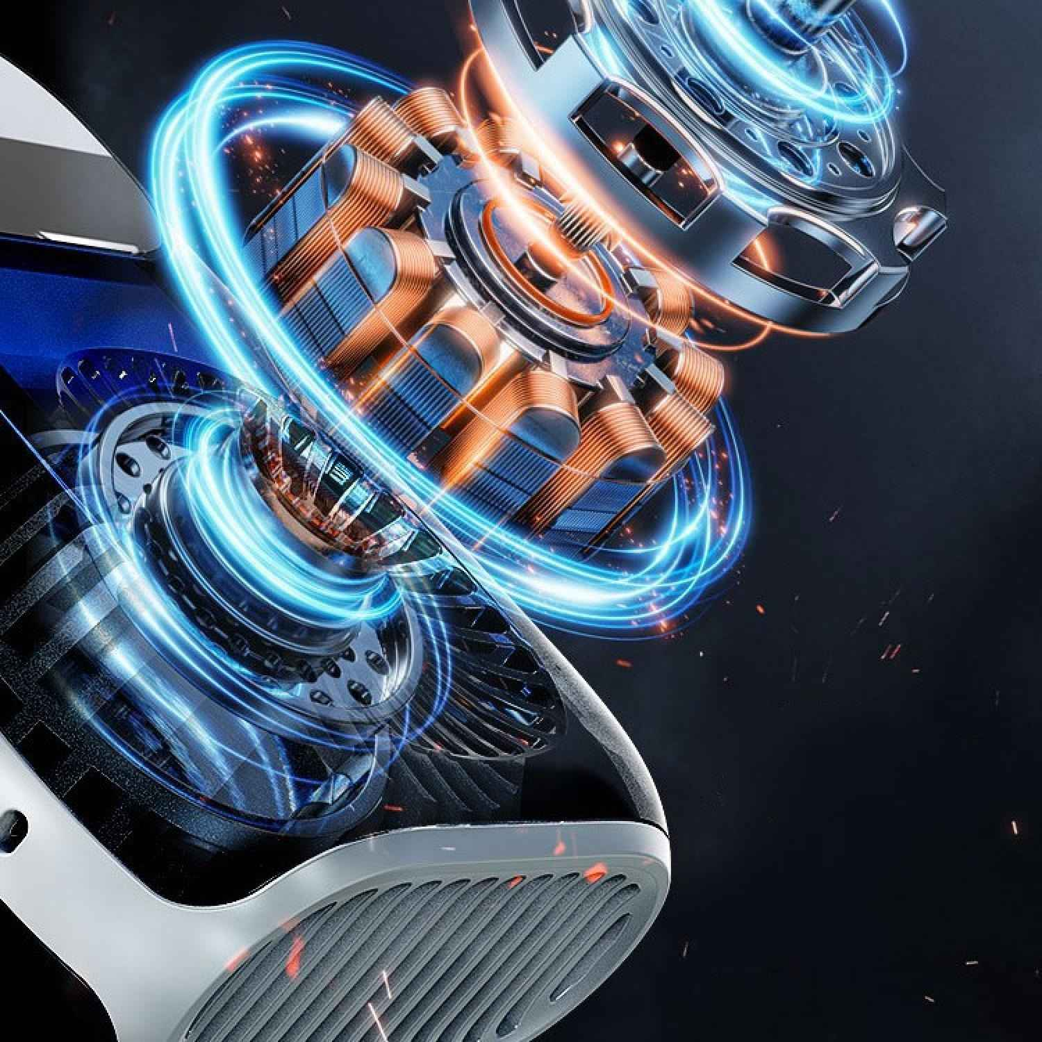 Detailansicht eines Motors mit Kupferwicklungen und blauen Lichtkreisen.