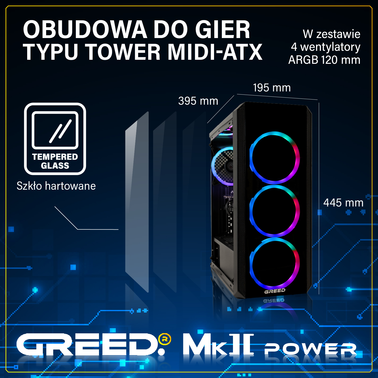 Czarna obudowa PC z wentylatorami ARGB i szklanym frontem.