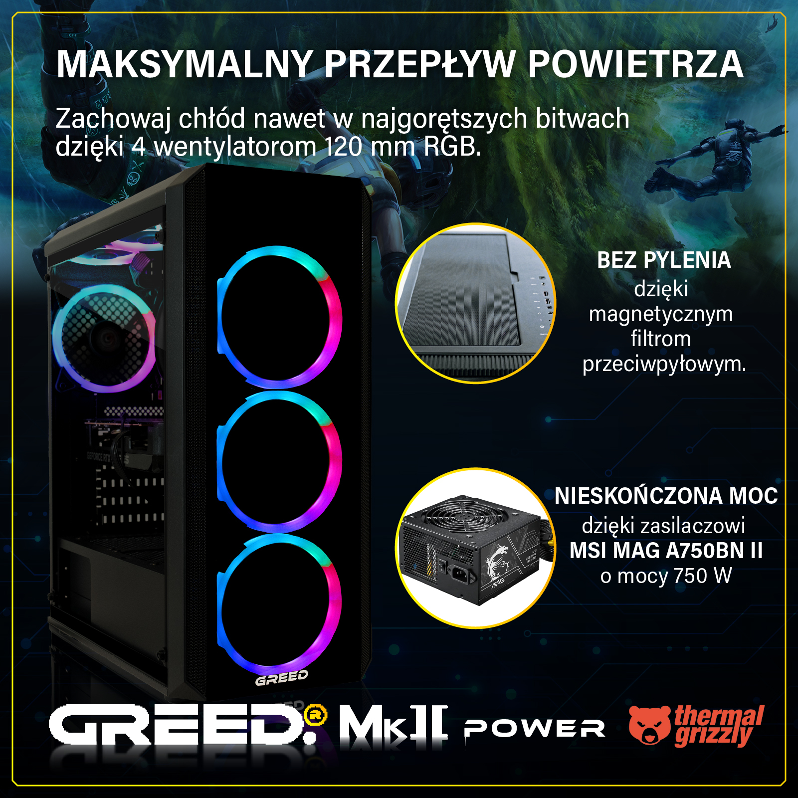 Obudowa PC z wentylatorami RGB i zasilaczem.