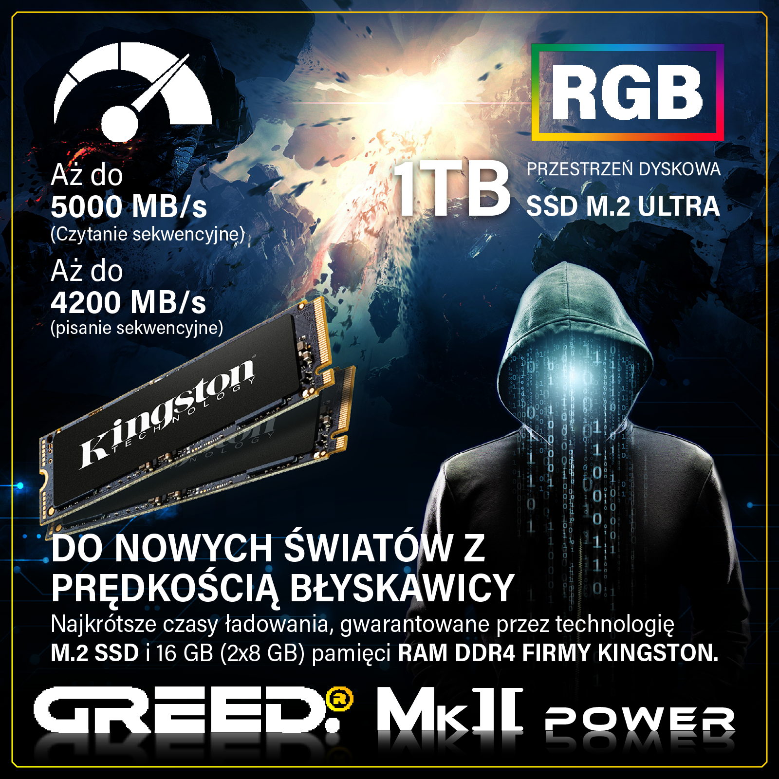 Plakat promocyjny dysków SSD i pamięci RAM Kingston z oświetleniem RGB i motywem hakera.