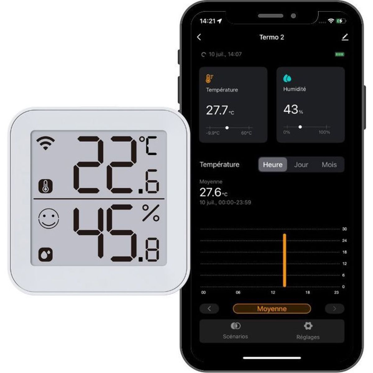 Ein weißer Thermometer zeigt 22,6°C und 45,8% an. Daneben ein Smartphone mit Wetterdaten.