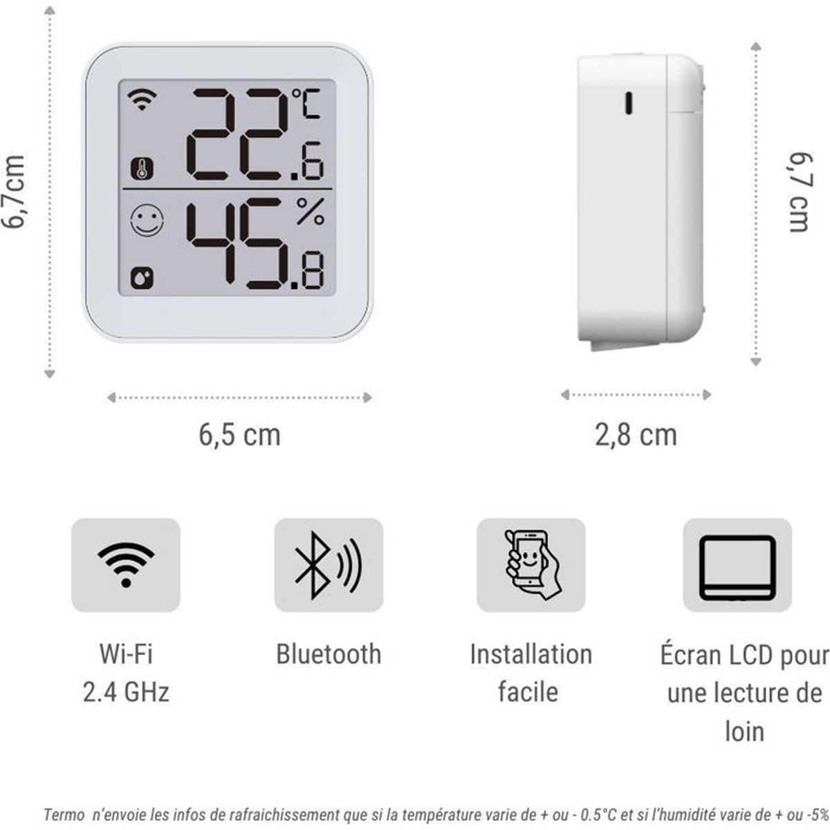 Ein weißes Thermometer zeigt 22,6°C und 45,8% Luftfeuchtigkeit an.
