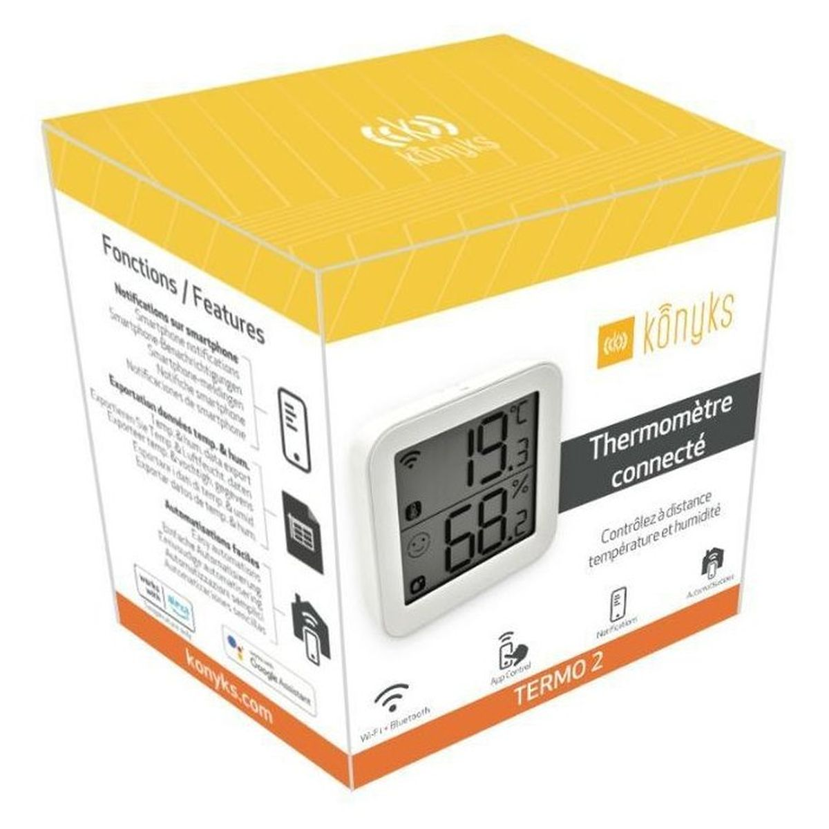 Verpackung eines Konyks Thermometers mit digitaler Anzeige für Temperatur und Luftfeuchtigkeit.